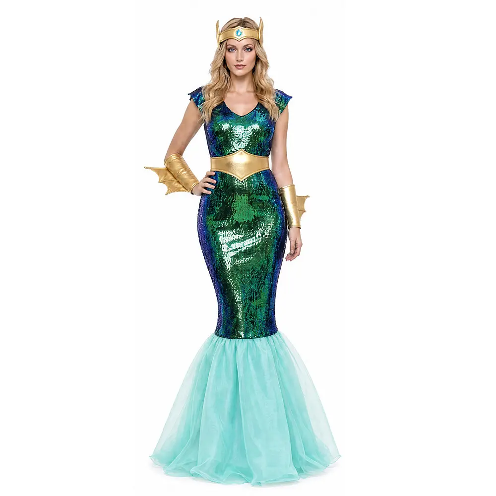 Women's Mermaid Costume - Sparkling Sequin Siren Dress, Gold Fin Cuffs, Tiara - Deluxe Roleplay Outfit for Halloween Party