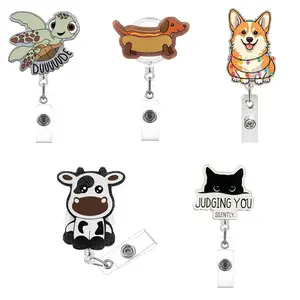 Cartoon Dachshund Hot Dog Retractable Badge Holder with Card Slot, Fun Acrylic ID Case with Shiny Details, Ideal for Students and Healthcare Professionals, Animal Shaped Badges