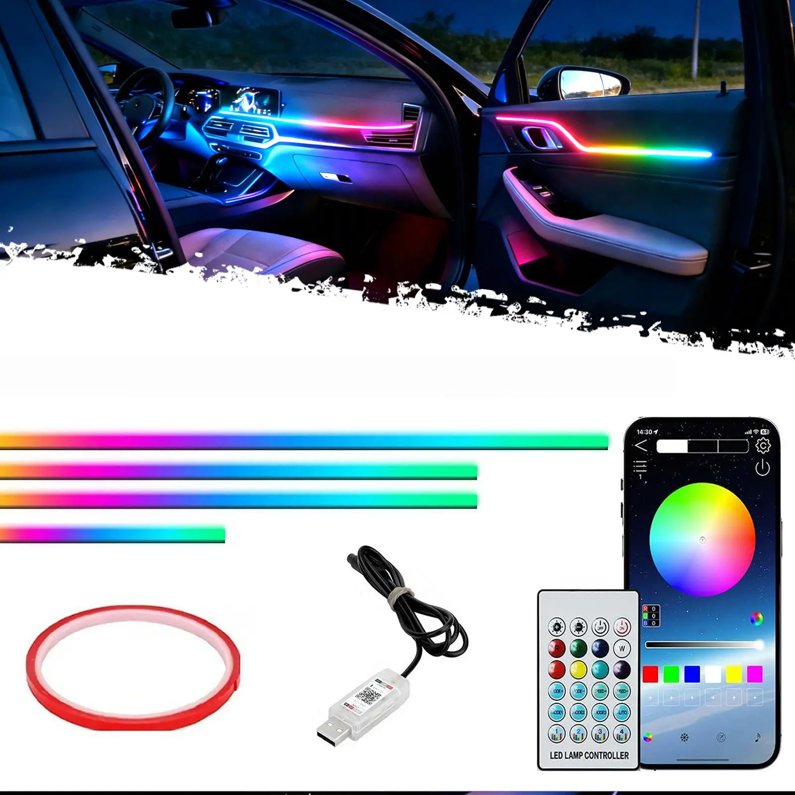 DIBMS APP Controlled RGB Car Interior Light strip,43.3 Inches Acrylic Auto Ambient Lighting Kit with Dreamcolor Chasing, Center Console Dashboard Lamps with APP Remote Control, Universal model, tape installation or embedded