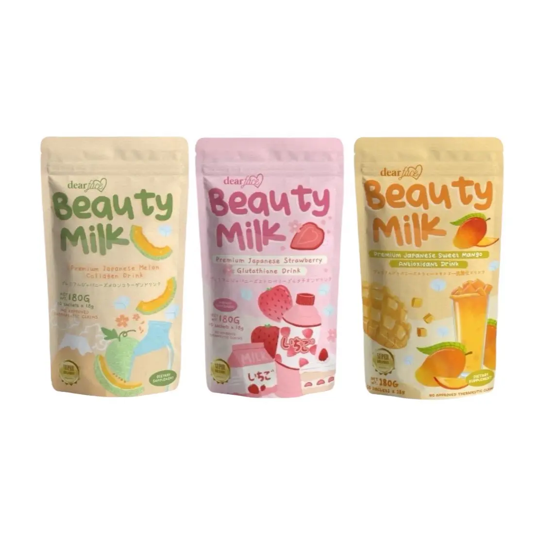 Dear Face Beauty Milk Collagen Glutathione Drink Powder - 10 Sachets x 18g