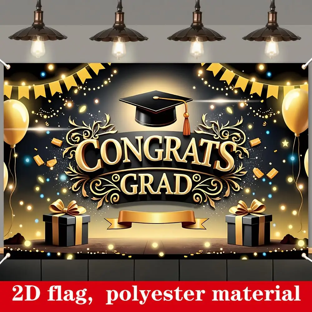 Large Graduation Banner - 1pc 2D Flat Polyester Party Decoration Supplies, 180cm x 110cm Durable Grad Cap Festive Backdrops & Banners, "Congrats GRAD" Design with Diploma, Sparkling Lights & Balloons, Ideal for Indoor/Outdoor Celebrations