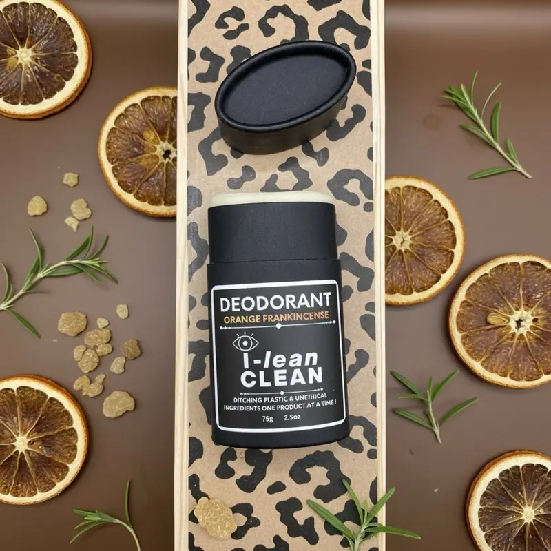i-lean CLEAN Orange Frankincense Deodorant - 75g 2.5oz Plastic & Aluminum free, Eco-Friendly, push-up Biodegradable Oval Container, black, unisex, natural ingredients, plastic-free