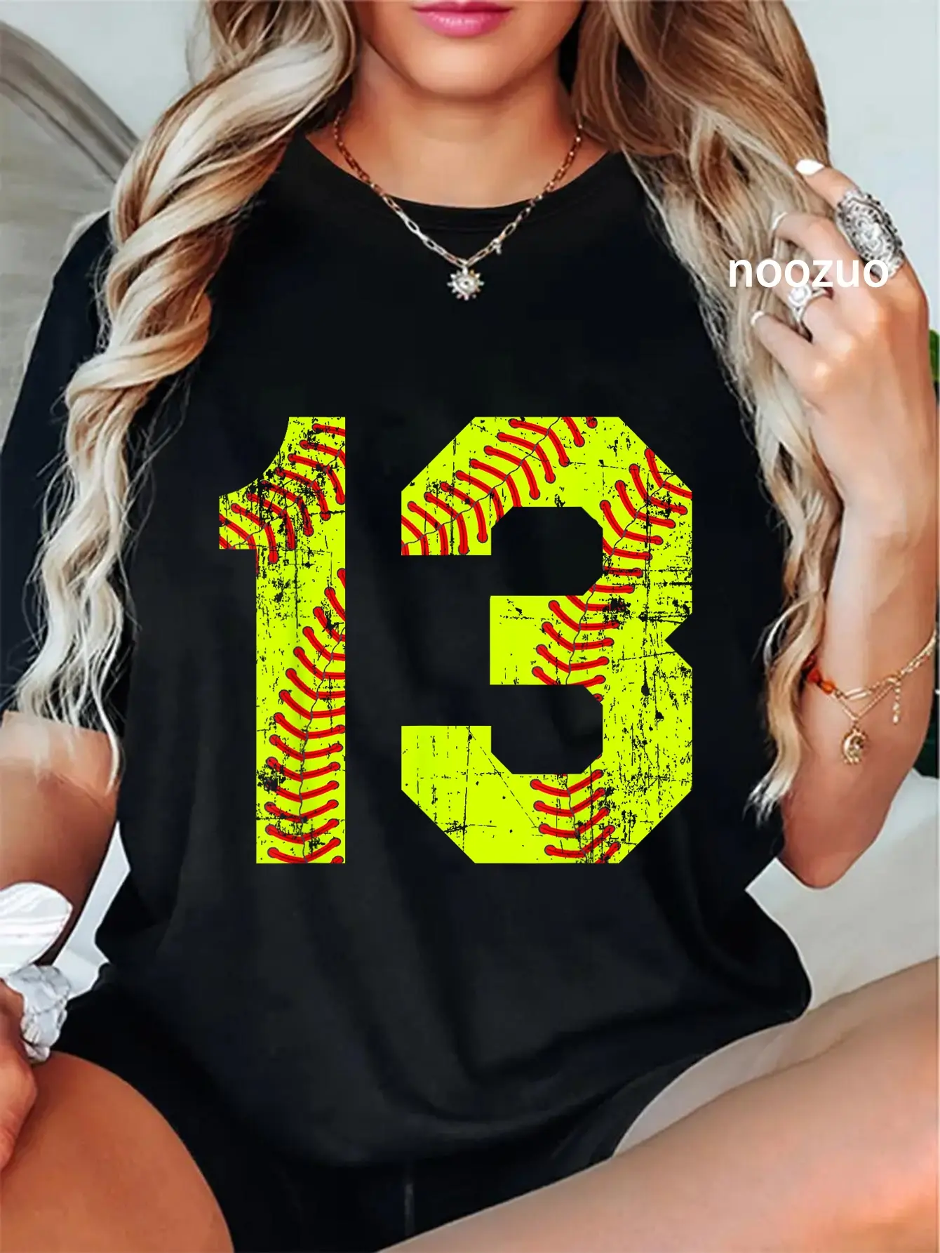 Graphic T-Shirt for Women, Vintage Distressed Softball 13 Jersey Print, 100% Cotton Casual Everyday Wear Tops