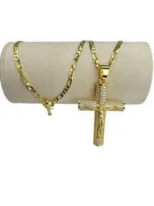 Men’s vintage 14K gold-plated Jesus cross pendant necklace with smooth links—religious-style jewelry suitable for all seasons; an Easter and graduation gift; a gold cross necklace for women; beautifully designed with elegant links; an excellent gift for s