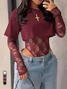 Women's Floral Lace Bodysuits Fitted Crew Neck Cropped T Shirt Sexy Patchwork Tops Long Sleeve Night Out Body Suit 2026 Womenswear
