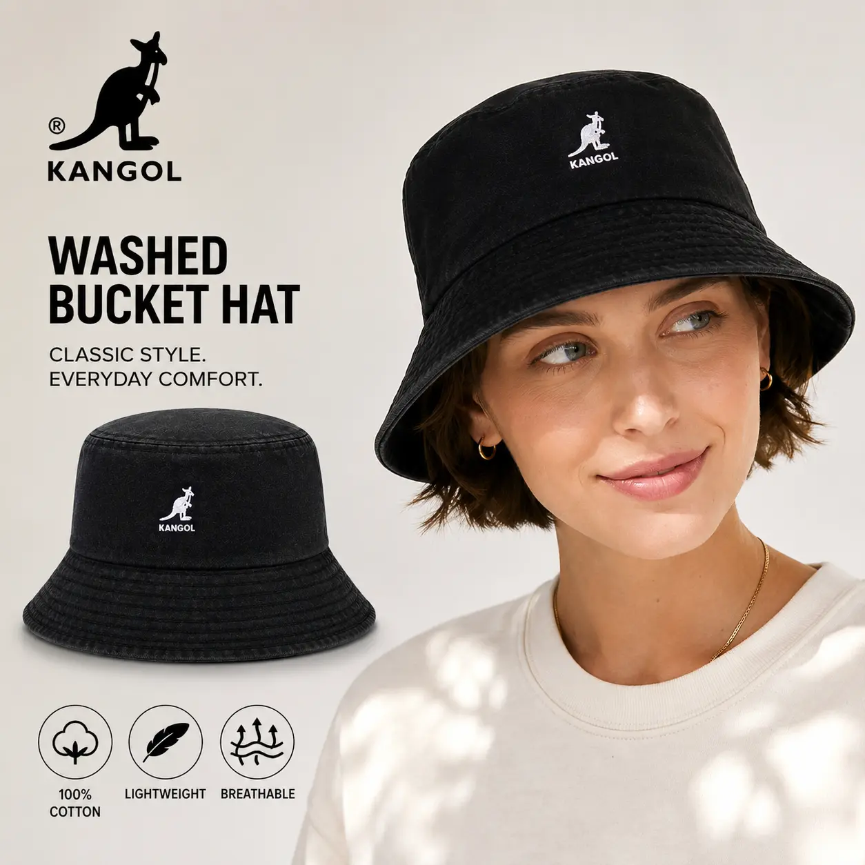 Kangol Washed Bucket Hat - Unisex 100% Cotton Black Casual Hat, Lightweight, Breathable, Flat Crown Classic Style, for Everyday Wear, Sizes M/L/XL