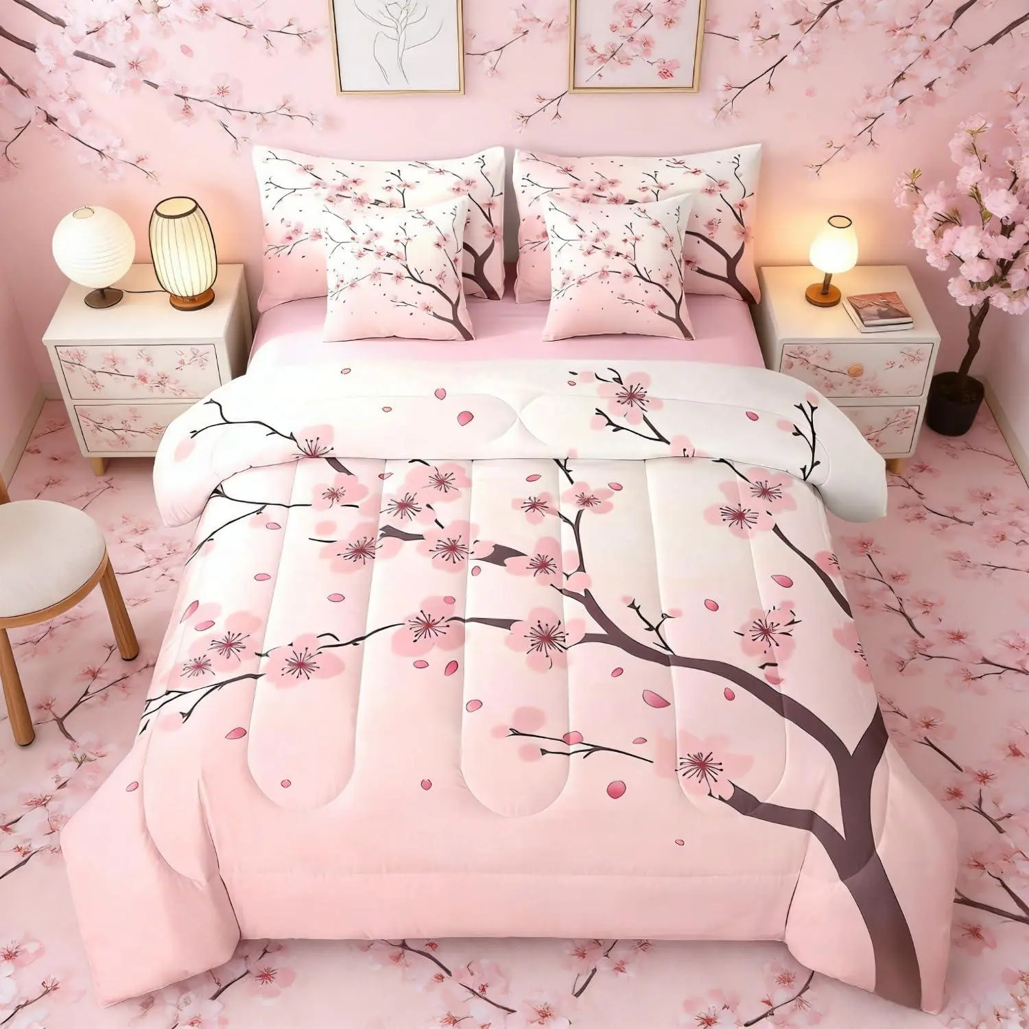 Feelyou 7-Piece Pink Floral Bedding Set - Japanese Cherry Blossom Petal Branch Bedsheets, Romantic Comforter, Pillowcases for Princess Room, Valentine's Day, Children's Day Complete Bedding Sets