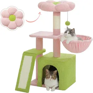 Flower  Tree for Indoor Cats, 32'' Small  Tower  Condo with Sisal  Ramp, Cozy Hammock and Removable Flower Bed Perch for Kittens, Pink