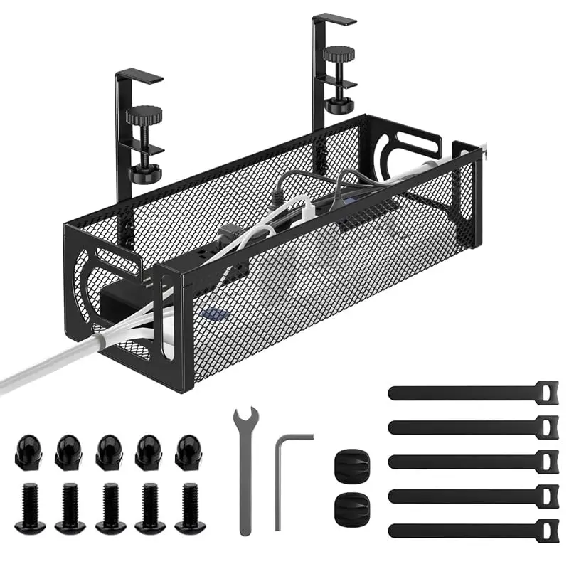 Under Desk Cable Management Tray,Cable Management Box Standing Cord Basket Cable Wire Organizer Hide Cords Wires Unde Desk Clamp Accessories Storage for Office Home