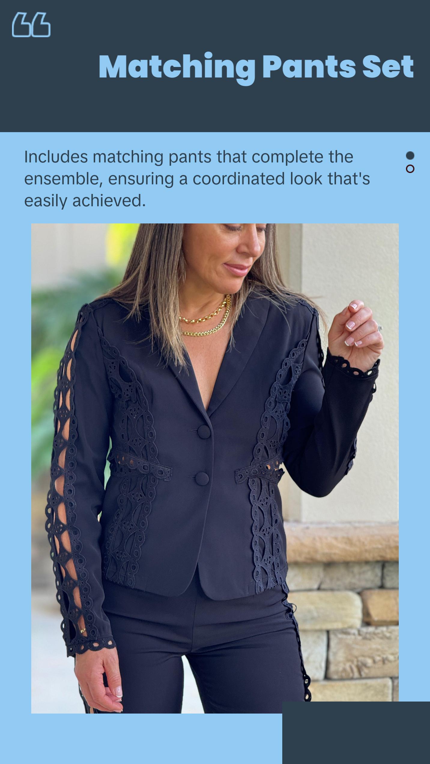 "Melissa" Long Sleeve Blazer And Crochet Details Matching Pants Set