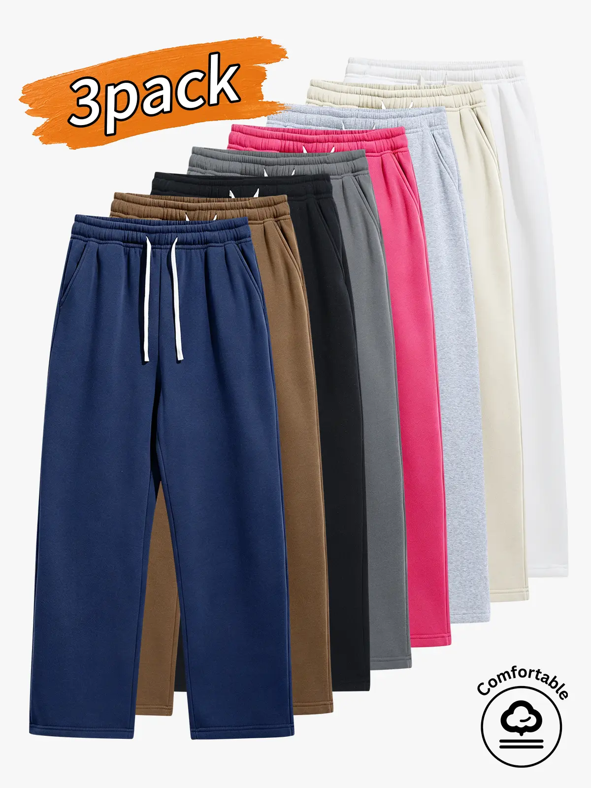 3-pack men’s long pants, men’s casual long pants, men’s loose straight sweatpants.Elastic waistband with drawstring—won’t dig into your waist, loose fit that looks slimming, versatile and flattering on any body type.Available in multiple colors, loose fit