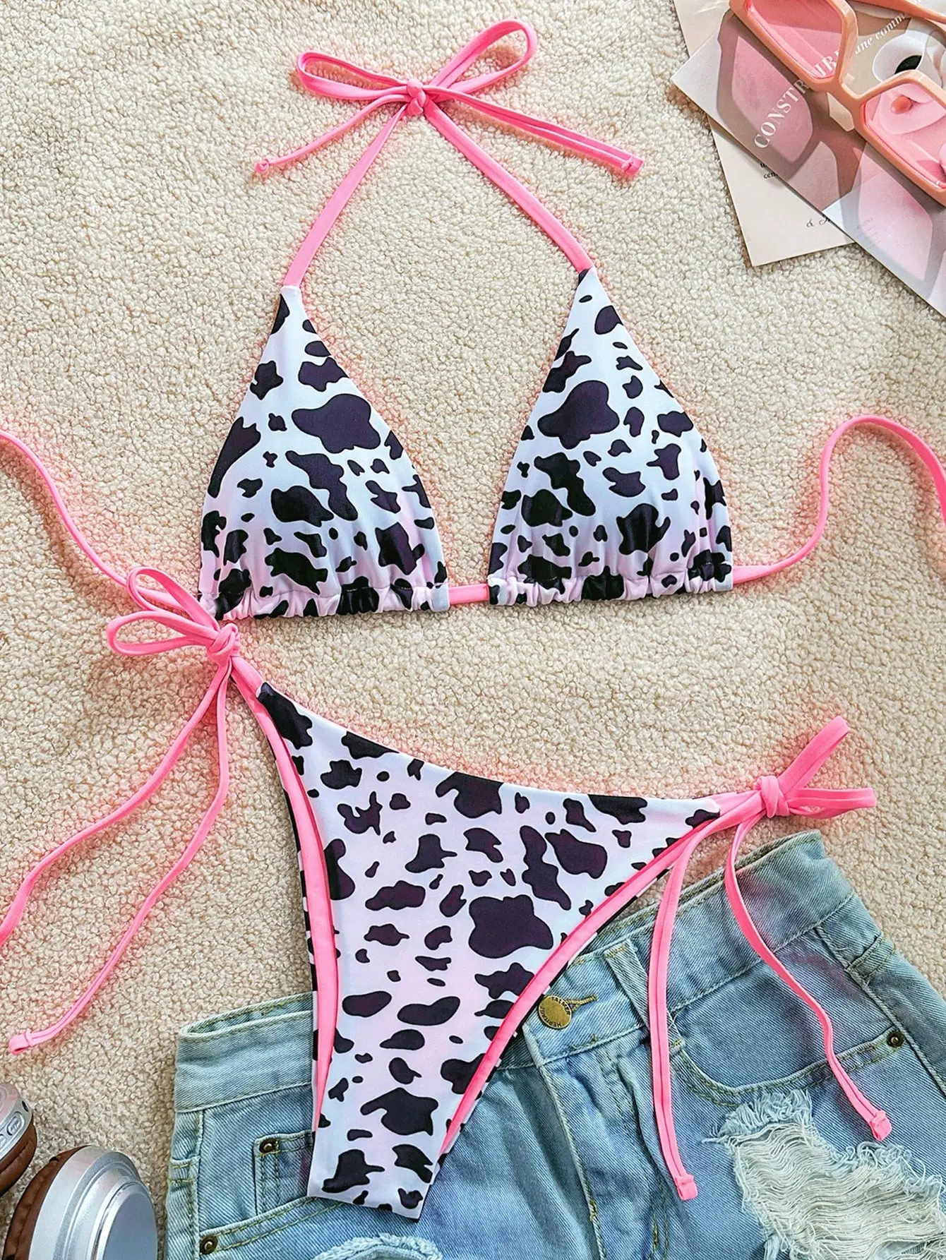 VYNCE 2 Piece Women's Vacation Cow Print Contrasting Magenta Reversible Halter Tie Bikini Swimsuit Beachwear Summer Outfit