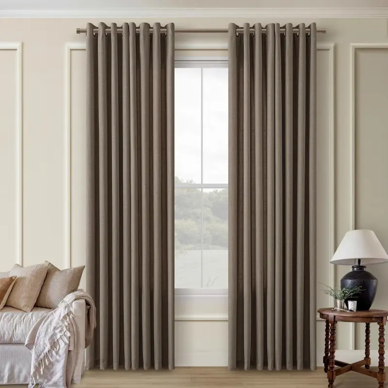 Chocolate Brown Faux Linen Semi-Sheer Light Filtering Curtains, 84in Length 2-Panel Set with Bronze Grommets, for Living Room Cottagecore Farmhouse Window Drapes