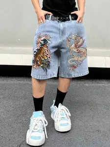 Men's Baggy Denim Shorts, Classic Japanese Ukiyo-e Dragon Tiger Print Cherry Blossom Wave Graphic, Y2K Sukajan Style Oversized Jorts, Vintage Washed Streetwear Jean Shorts for Skater Summer Casual Daily Wear