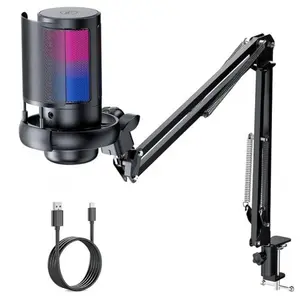 Gaming USB Microphone for PC with ARM, Mic for Gamer 192kHz/24Bit Noise Cancellation Condenser microphone with Gain, Mute, Monitoring, Boom Arm for Streaming RGB Computer Mic for PS4/5 PC & MAC Audio Smartphone