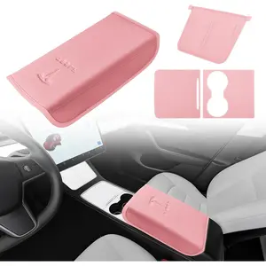 Center Console Cover,Interior Accessories Designed for Tesla Model 3 Model Y,Leather Armrest Cover,Center Console Wrap Cover,Waterproof Wireless Charger Silicone Mat.(Pink 3Pcs)