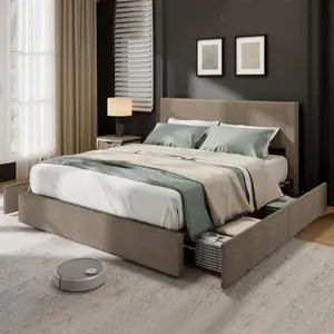 【Christmas Gift】King Brown Bed Frame with Tufted Wingback Headboard Platform Corduroy Upholstered Bed Frame with 4 Storage Drawers and Wooden Slats Support No Box Spring Needed