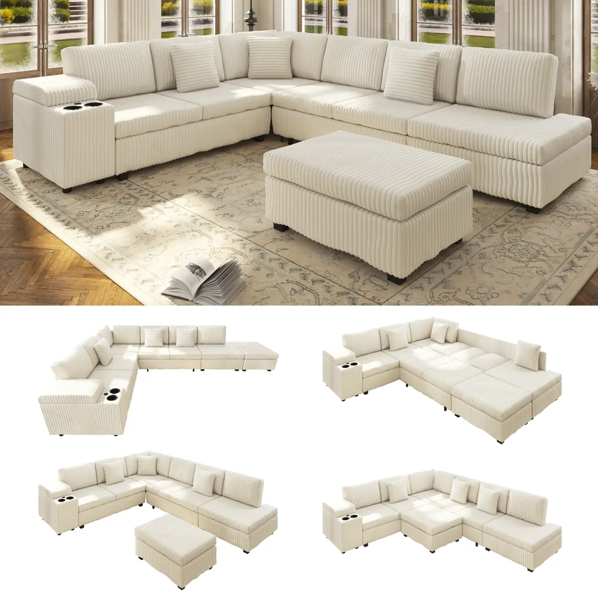 Aobtkel 10.2" L-Shape Sturdy Durable Space-Efficient Convertible Sleeper Sectional Sofa Set, Fluffy Corduroy Fabric, Removable Ottoman, Hidden Armrest Storage, USB Ports, Cup Holders, Plastic Parts, Mild Water-Based Solvent Finish (Black, Living Room Use)