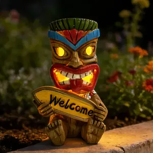 Miniature Tiki Garden Statue Solar Outdoor Decorations - Tiki Bar Welcome Sign Lights for Patio Yard Lawn Ornaments Gifts for Birthday Housewarming Summer 3.2''(W) x 3.4''(D) x 5.9''(H)