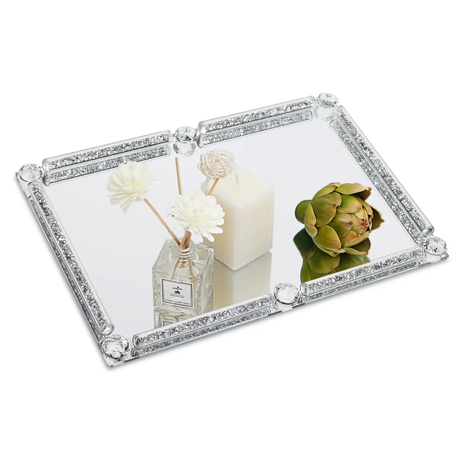 Crystal Vanity Tray, Silver Mirror Tray and Diamond Bathroom Decor Vanity Trays for Bathroom, Cosmetic Table, Elegant Design for Perfume Jewelry Makeup(Rectangle, 12x8in)