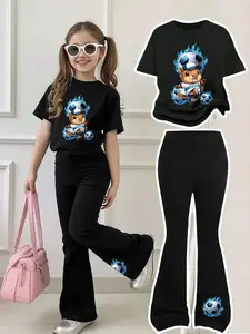 Girls' World Cup Flame Football Squirrel Bell Bottoms Set, Round Neck Short Sleeve & Flared Pants, Casual Fit, All Seasons
