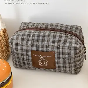 Plaid Bear Storage Bag, Vintage Checkered Cartoon Bear, Multifunctional Makeup Bag Pencil Case Dual Use, Makeup Organizer Pouch