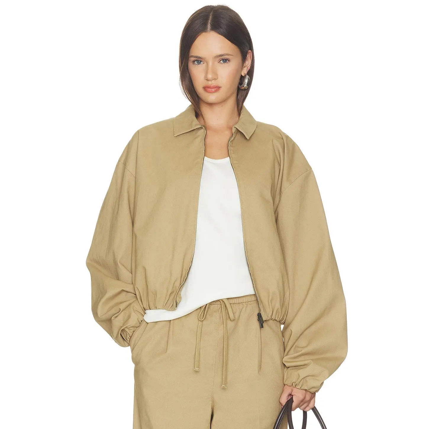 Fear of God ESSENTIALS Full Zip Work Jacket in Dune Fear of God ESSENTIALS Full Zip Work Jacket in Dune