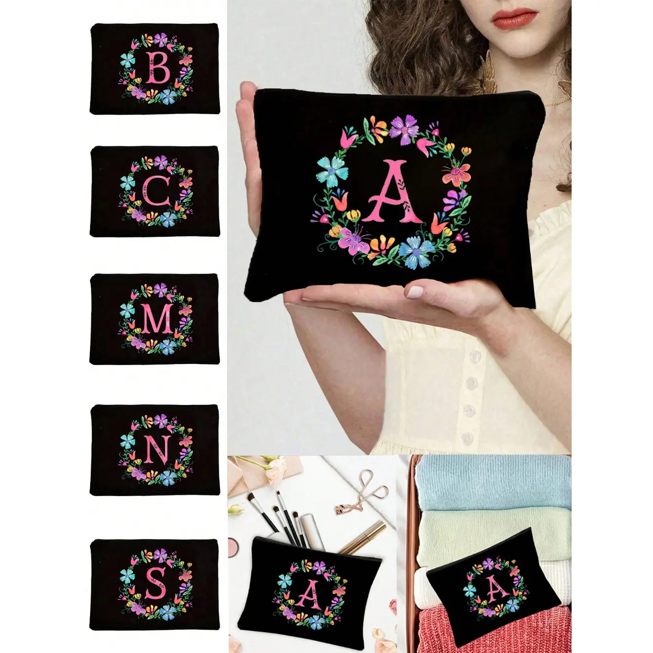 Personalized Initial Cosmetic Bag — Chic Watercolor Floral Makeup Pouch | Simple Zipper Travel Toiletry Bag, Nail Polish & Brush Organizer | Coin, Key & Card Pocket | Portable, Lightweight & Fade-Resistant