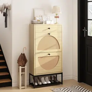 Recaceik Free Standing Shoe Rack, Entryway Organizer w/ 2 Rattan Flip Drawers, Faux Wood Shoe Cabinet w/ Pull Drawer &Bottom Rack, Boho Style, Compact Organizing Easy Assembly Tight Space