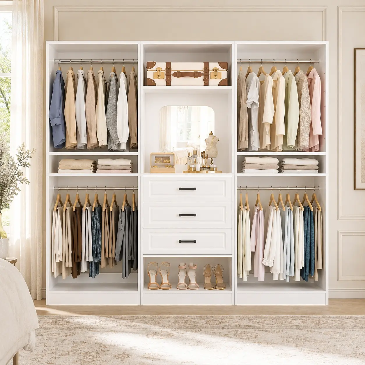 Homieasy 75" Modular Closet Organizer System with Mirror & Drawers, 3-in-1 Freestanding Wardrobe Tower with Adjustable Shelves & Hanging Rods, Heavy-Duty Bedroom Storage for Walk-in Closets
