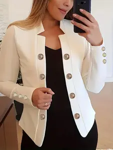 Women's Plain Fake Button Front Fitted Jacket, Coats, Womenswear, Casual Style Long Sleeve Stand Collar Open Front Outerwear for Spring & Fall, Ladies Chic Clothes for Daily Wear