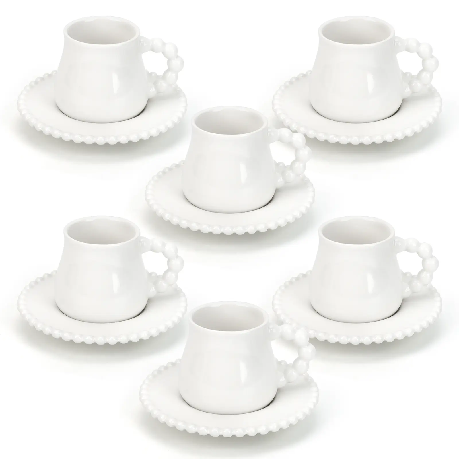 Traditional Style Plain White Beaded-Edge Coffee Cup and Saucer Set (3.4 fl oz/100ml, 6 Cups & 6 Saucers/6 sets) - Beverage Use, Cappuccino, Mother's Day Gift Ideas, Ceramic