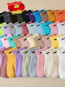 20 Pairs Random Color Candy Comfort Fashion Athletic Sports Running Socks, Indoor Casual Outdoor Running Versatile Socks, Slim-Fitting Plain Style