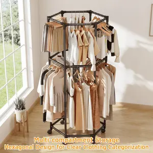 360° Rotating Hexagonal Rolling Clothes Rack, Space-Saving Freestanding Floor Rack with Double Hanging Rods, Multi-Tier Garment Rack, Sturdy Plastic Frame Standing Coat Rack, Ideal for Bedroom, Dormitory and Balcony organizer