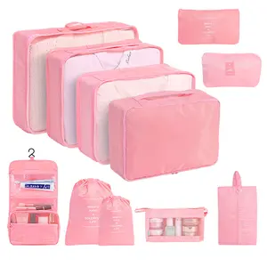 7/8/9/10/11-Piece Pink Multi-Functional Travel Packing Bag Set, Includes Clothing Bags, Cosmetic Pouch, Shoe Bag, Hanging Toiletry Kit, Foldable Storage, Suitable for Daily Commutes, Work Trips, Outdoor Vacations, Home Organization, Student Dormitory Clot