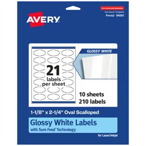 Avery Glossy White Oval Scalloped Labels with Sure Feed, 1-1/8" x 2-1/4"