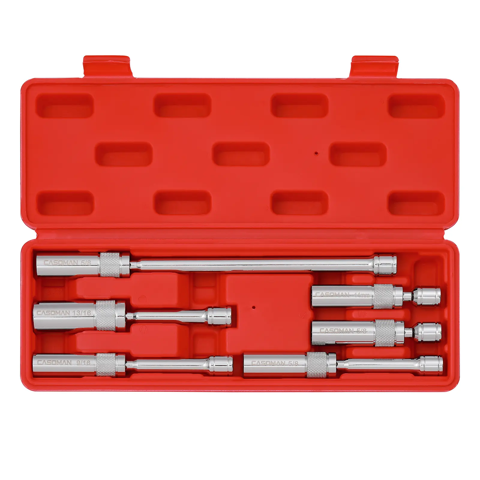 CASOMAN 6PCS 3/8-Inch Drive Magnetic Swivel Spark Plug Socket Set, Thin Wall Thinwall Fit, CR-V Alloy Heavy-Duty Steel, 9/16, 5/8, 13/16, 14mm Sockets, 4, 6, 11-Inch Lengths, 12-Point, Corrosion Resistant