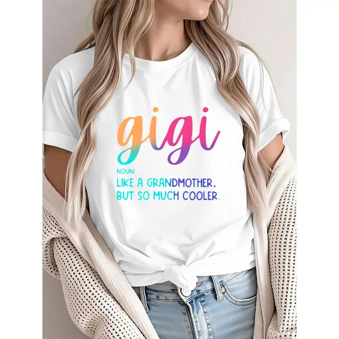 95% Polyester 5% Elastane Casual Crew Neck T-Shirt with Gigi Alphabet Print, All Season Comfort Fit, Knit Fabric Tee