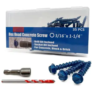 3/16" x 1-1/4" Hex  Concrete Screws, Anchoring to Masonry, Brick, Block, Cement or Stucco, 35 count