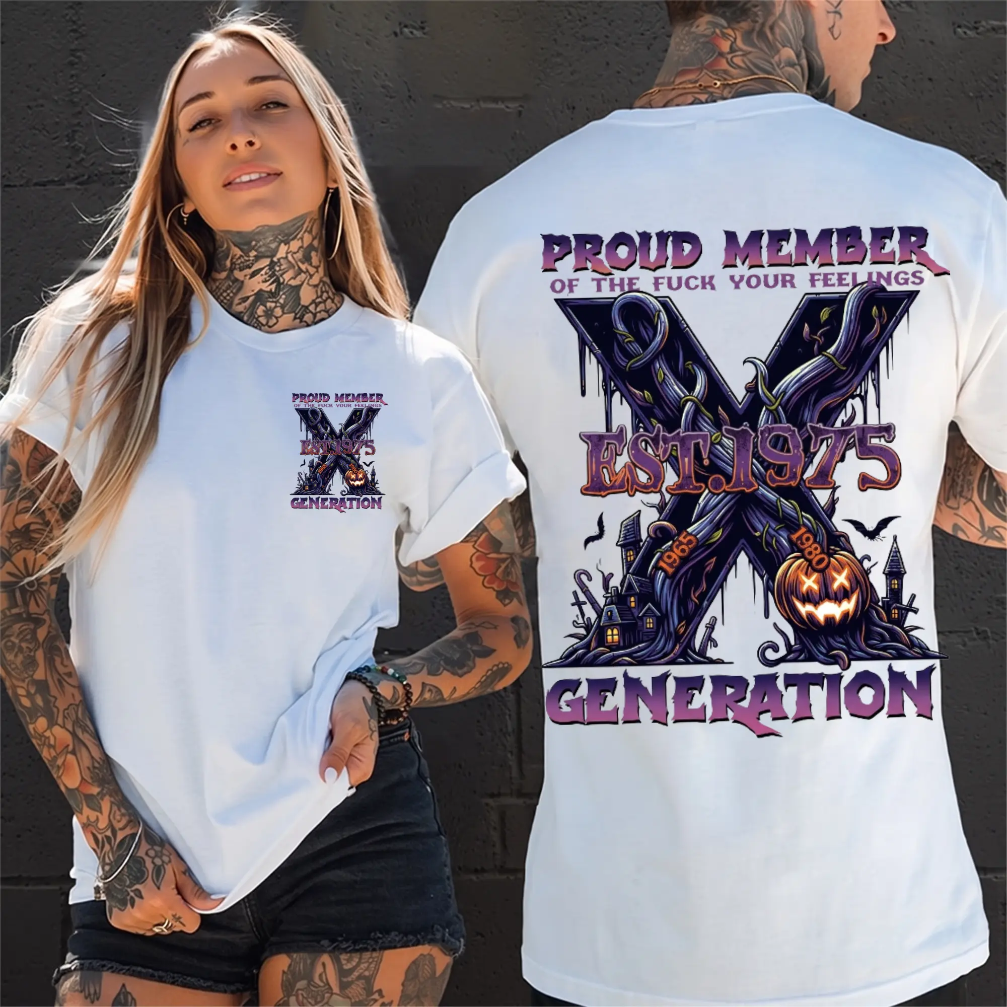 Custom Est. 1975 Gen X Halloween Shirt, Proud Generation X Member T-Shirt, Pumpkin 2-Sided Graphic Tee, Retro Gen X Gift for Men & Women