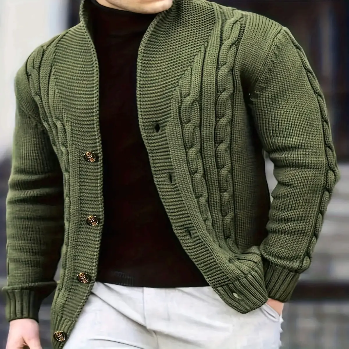 Men'S Olive Green Cable Knit Cardigan with Button Front - Casual Long Sleeve Sweater for Fall/Winter, Regular Fit Stand Collar, Solid Color, Autumn Winter Apparel | Collar Construction, Vest