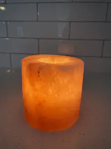 Himalayan Salt Cylinder Candle Holder + 4 Pure Beeswax Tea Light Candles Decor Set Hand