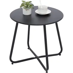 Outdoor Table Small Patio Side Table, Round Metal Side Table, Weatherproof, Portable, Outdoor End for Garden, Balcony, Yard (Black)