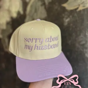 sorry about my husband // tan + lavender twill trucker with machine embroidery