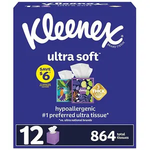 Kleenex Ultra Soft 3-Ply Facial Tissues, 72 Tissues per Box, 12 Cube Boxes - Fast Shipping - Disposable, Wood