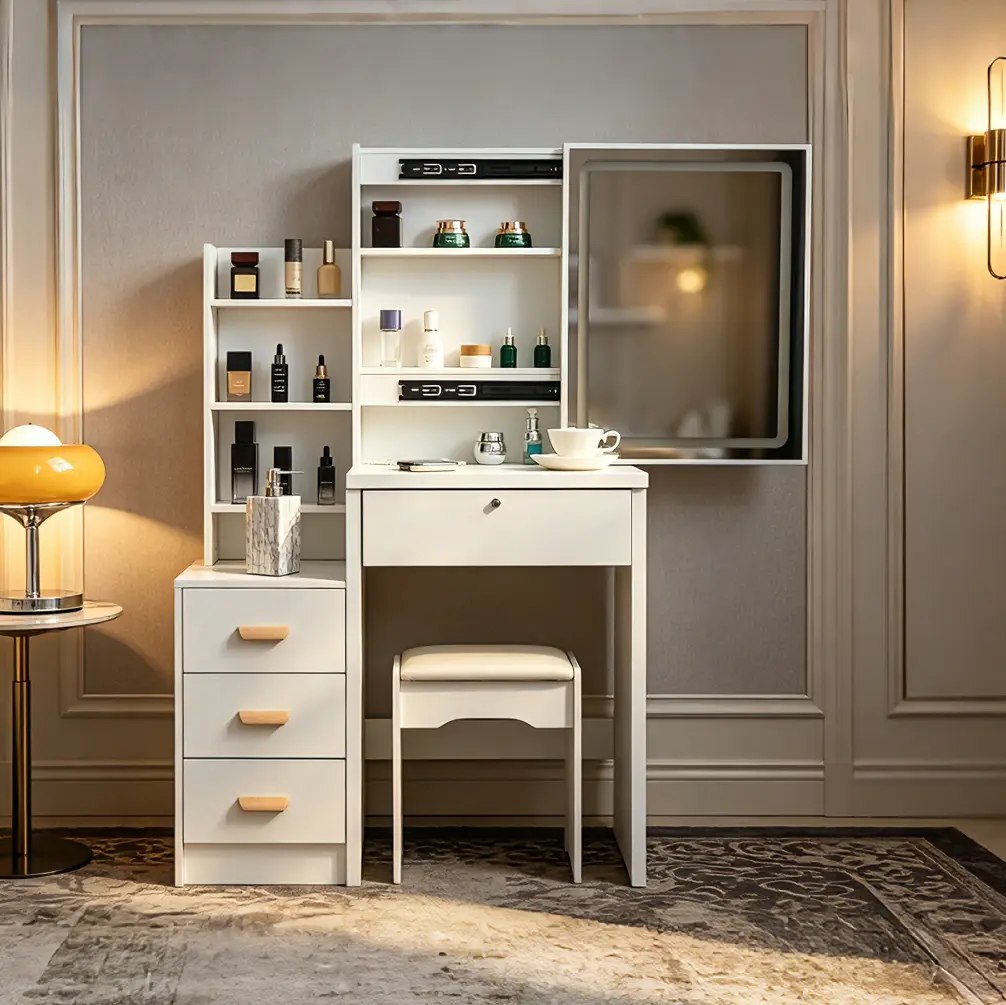 White Small Contemporary Vanity Table with Mirror - Modern Dressing Table Set, Built-in 3-Color LED Light Bar, Sliding Mirror, 3 Shelves, 4 Drawers & Stool, Bedroom Organizer for Small Rooms, Built-in LED Light Bar Makeup Vanities