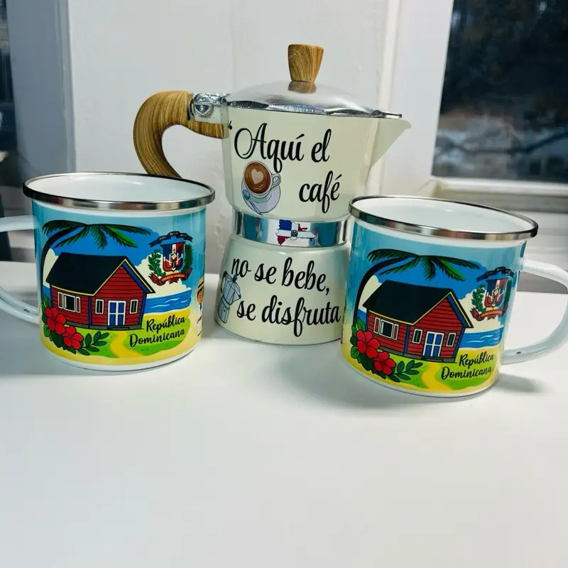 Dominican Republic Coffee Set with Aquí el Café Design - Includes Mugs and Pot for Authentic Dominican Coffee Experience