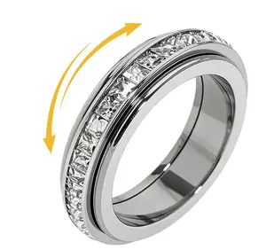 Anxiety Rings for Women and Men Titanium Steel Spinner Fidget Band Rings with Cubic Zirconia for Stress Relief and Wedding Promise Comfort Fit Size 5 to 12