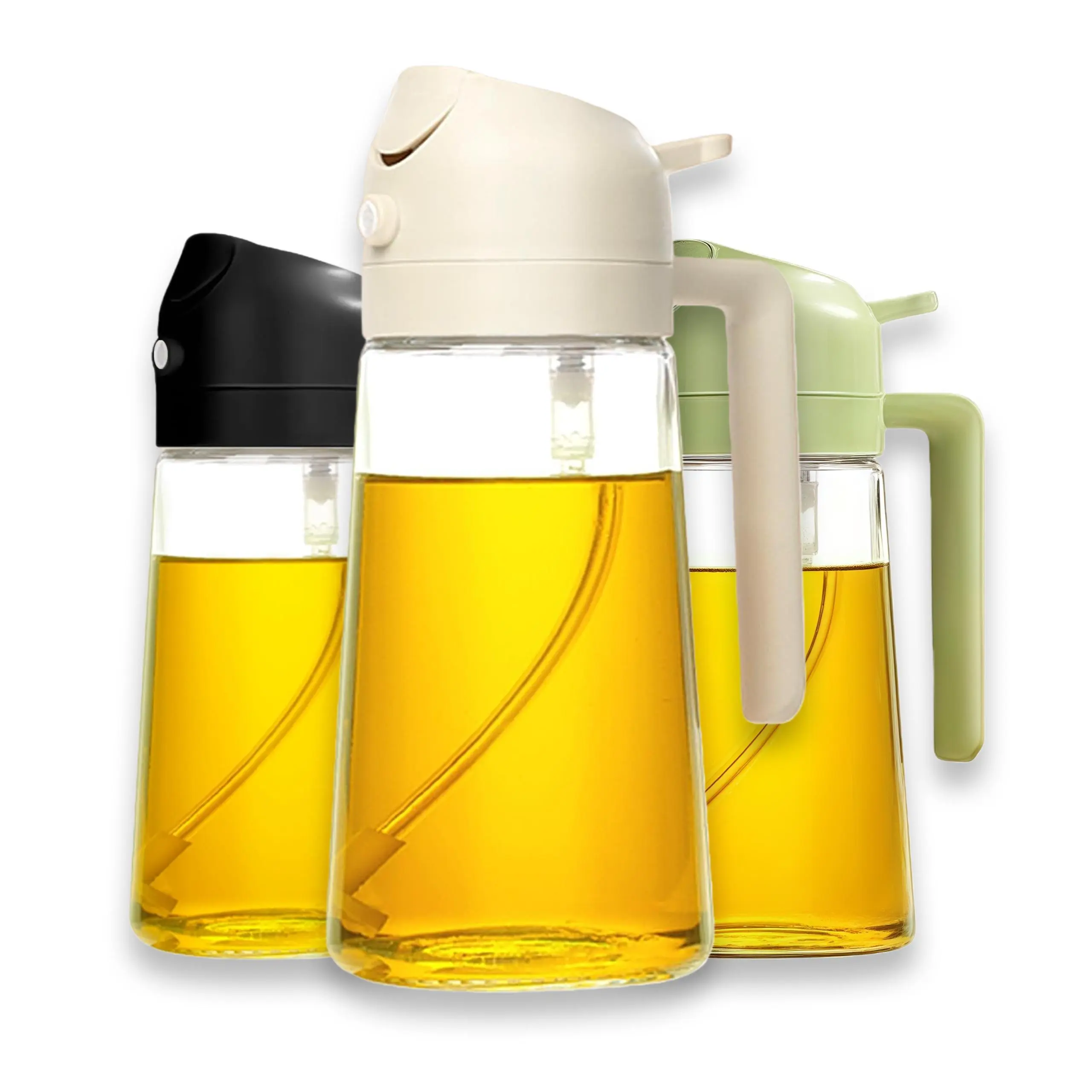 Latest 2026 3 Piece Oil Dispenser Set with Spray & Pour Function, Borosilicate Glass Bottle, Non-Slip Handle, Perfect for Air Fryer, Grilling, Salads (Black/Beige/Green) Leak-Proof Dual-Function Oil Dispenser
