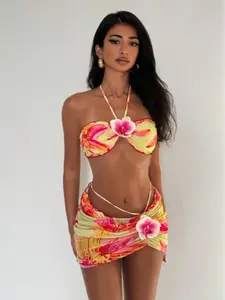 Women's Floral Flower Print Bikini Set, High-Waisted Triangle Bottoms & Elastic Waist Skirt, Bikini Swimsuit Set, Summer Beachwear for European and American Teens